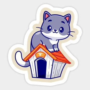 Cute Cat Sitting On Cat Cage Cartoon Sticker